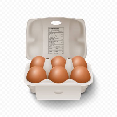 Altı Vektör 3d Gerçekçi Kahverengi Tavuk Yumurtası Açık Karton Kutu, Kutu, Kutu, Paketleme. Tavuk yumurtası seti, izole edilmiş. Vektör Raw Whole Eggs. Ön Görünümde Yumurta Paketi.
