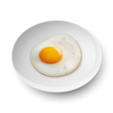 Vektör 3d Gerçekçi Beyaz Tabak, Kızarmış Yumurtalı Tabak, Beyaz Arkaplanda İzole edilmiş Omlet. Sağlıklı Kahvaltı, Protein Gıda, Beslenme Konsepti. Tasarım Şablonu, Mockup. Üst, Yan Görünüm.