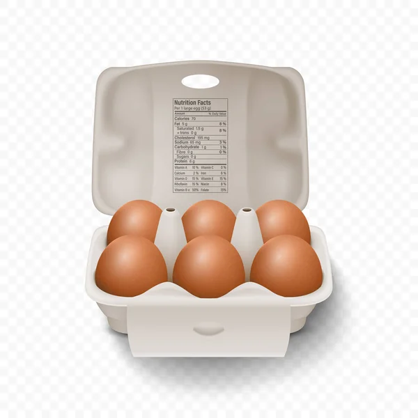 6ベクトル3Dオープンカートン紙箱 包装に現実的な茶色の鶏の卵 チキン エッグ セット分離済み ベクトル生全卵 目の前の卵パック — ストックベクタ