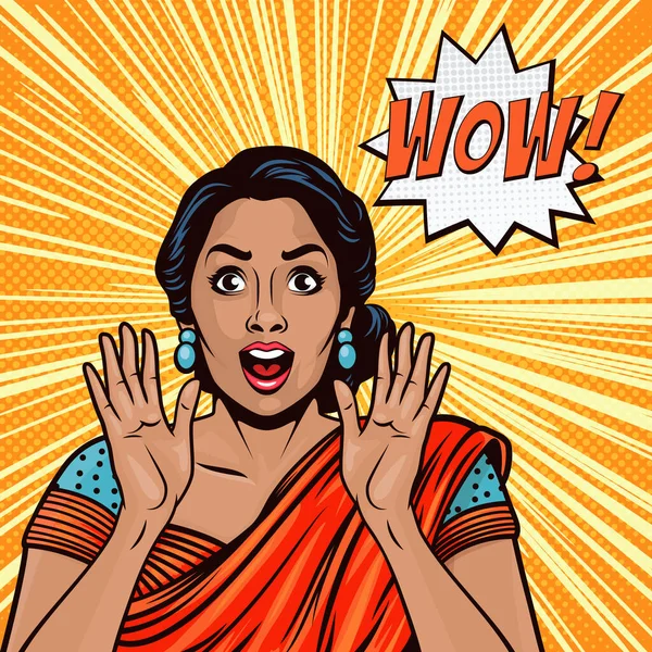 Vector Banner Indian Surprised Woman Holding Hands Arms Palms Her — стоковий вектор