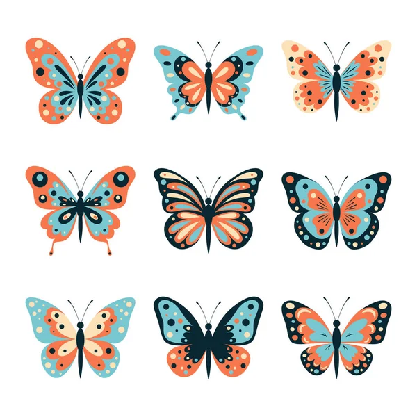 Flat Vector Butterfly Icon Set Izolovaný Mnohobarevná Sbírka Motýlů Různými — Stockový vektor