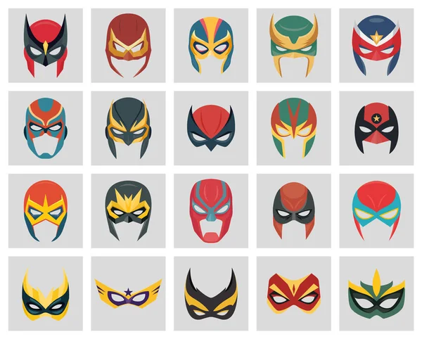 Vector Super Hero Maski Ustaw Stylu Płaskim Postać Twarzy Kolekcja — Wektor stockowy