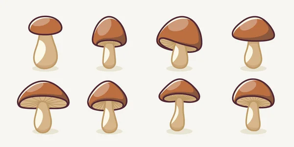 矢量手绘卡通蘑菇与轮廓图标集隔离 褐色食用菌蘑菇图解 蘑菇藏品 魔法蘑菇符号 设计模板 — 图库矢量图片