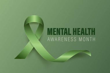 Zihinsel Sağlık Bilinci Ay Sancağı, Kart, Yeşil Arkaplanda 3 boyutlu Gerçekçi Yeşil Kurdele. Akıl Sağlığı Bilinci Ayı - Mayıs - Sembol Kapanışı. Dünya Akıl Sağlığı Günü Konsepti.