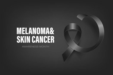 Melanoma, Cilt Kanseri Banner, Kart, Siyah Arkaplanda 3 boyutlu Gerçekçi Siyah Kurdele. Melanoma, Cilt Kanseri Bilinci Ay Sembol Kapanışı, Mayıs. Dünya Melanoma Günü Konsepti.