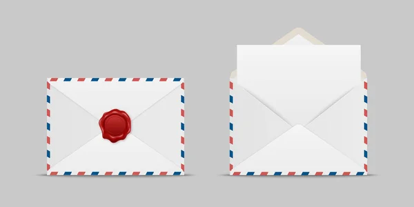 有红色蜡印和空白字母的矢量信封 折叠的 未折叠的 独立的信封设置在顶部视图 设计Templat 惊喜及祝贺概念 — 图库矢量图片