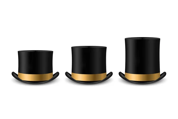 ベクトル3Dリアルなブラックトップ帽子アイコンは ゴールデンカラーシルクリボンで設定します クラシックレトロヴィンテージトップ帽子コレクション ヴィンテージ紳士メンズ帽子 フロントビュー — ストックベクタ