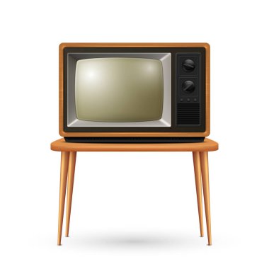 Vektör 3d Gerçekçi Retro TV Alıcısı Beyaz Arkaplanda izole edildi. Ev Tasarımı Konsepti. Klasik TV Seti, Televizyon, Ön Görünüm.
