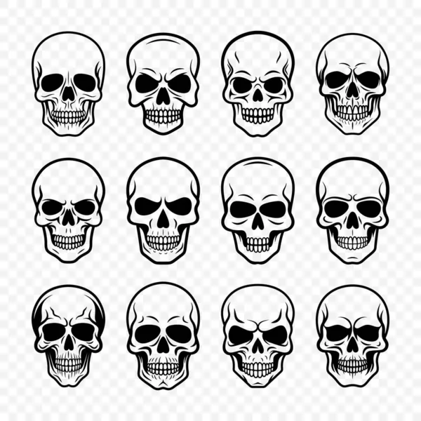 Vektor Black Skull Icon Set Izolovaný Kolekce Lebek Osnovou Pohledu — Stockový vektor