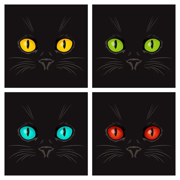 在黑暗中 在夜晚 一只黑猫的向量平坦的黄 红猫的眼睛 猫脸与是的 胡须在黑色 猫的衣服在黑暗中看 — 图库矢量图片