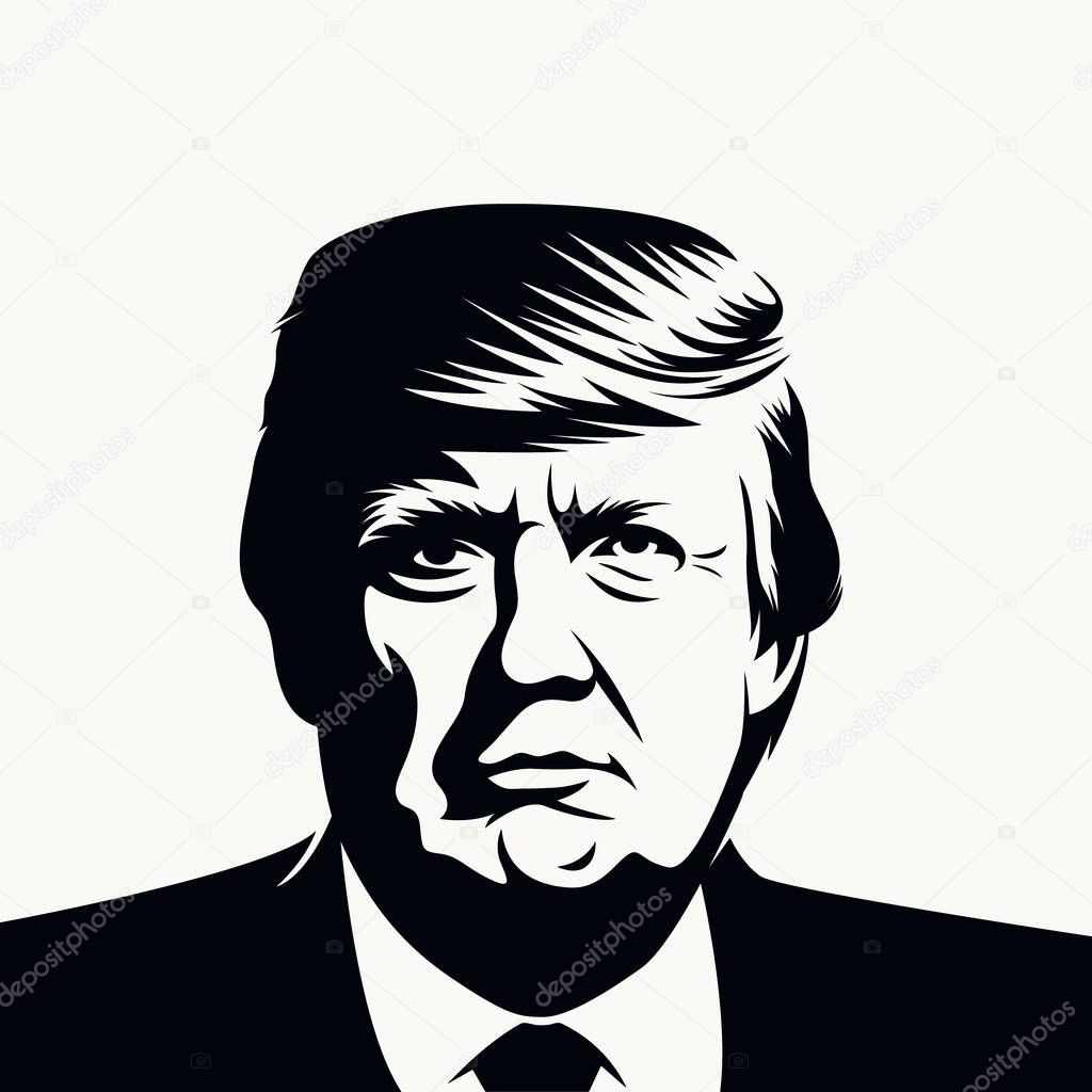 Georgia. JJuly 6 2023: Black and White Cut Out Portrait of Donald Trump. US President Isolated on White Background. Front View. Vector Illustration.