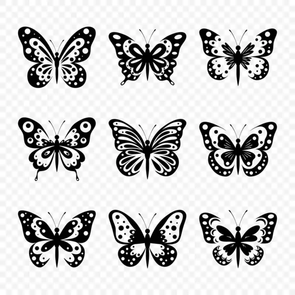 Flat Vector Butterfly Icon Set Izolovaný Black White Cut Out — Stockový vektor