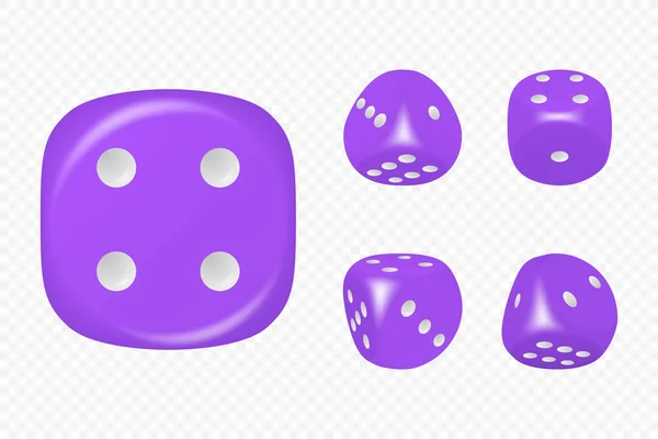 異なる位置に設定されたホワイトドットとベクトル3D現実的なパープルゲームのダイスは隔離されました ギャンブルゲームデザイン カジノ ポーカー テーブルトップ ボードゲーム 現実的なキューブ 丸みを帯びたエッジ — ストックベクタ