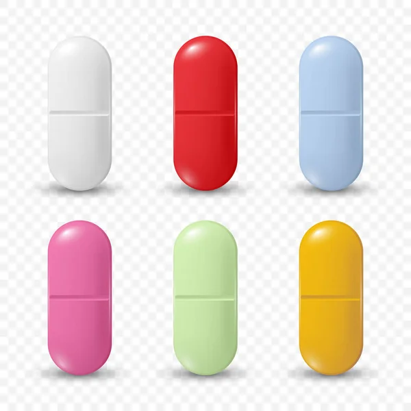 Διάνυσμα Ρεαλιστικά Οβάλ Φαρμακευτικά Ιατρικά Χάπια Δισκία Βιταμίνες Καψάκιο Σετ — Διανυσματικό Αρχείο