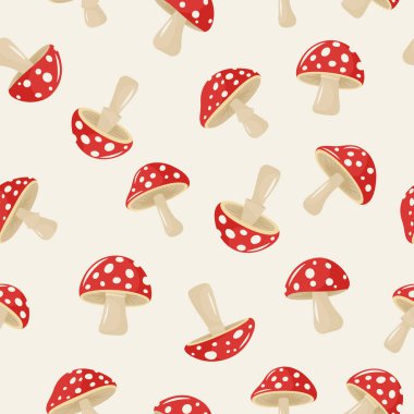 Beyaz Arkaplanda Elle Çizilmiş Düz Mantarlı Kusursuz Şekil. Amanita Muscaria, Fly Agaric Illustration, Mantar Koleksiyonu. Sihirli Mantar Sembolü, Tasarım Şablonu.