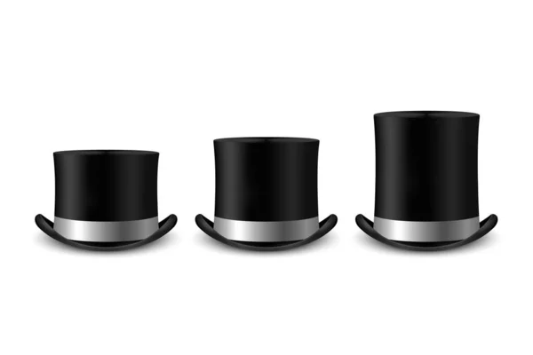 ベクター3Dリアルなブラックトップ帽子アイコンは シルバーカラーシルクリボンで設定します クラシックレトロヴィンテージトップ帽子コレクション ヴィンテージ紳士メンズ帽子 フロントビュー — ストックベクタ