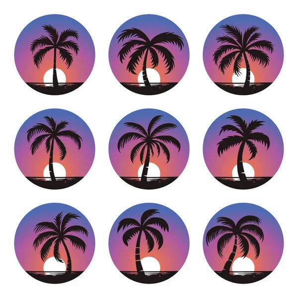 Pálmafák Vektor Pálmafa Ikon Készlet Elkülönítve Palm Silhouettes Naplemente Háttér — Stock Vector