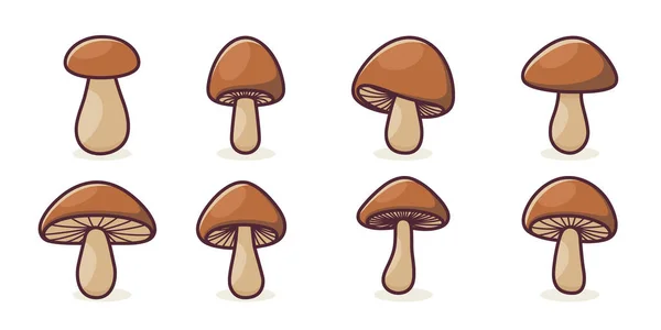 Vector Hand Drawn Cartoon Mushroom Outline Icon Set Isolated Brown — 스톡 벡터