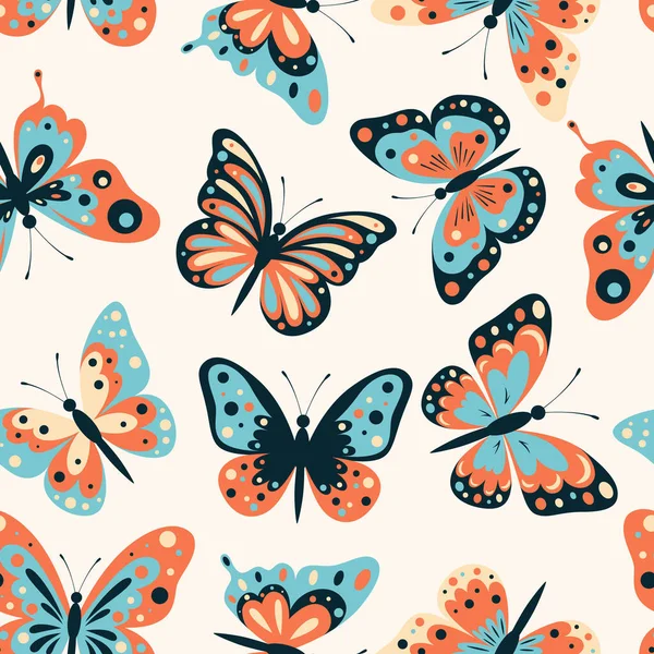 Vektorový Bezešvý Vzor Plochými Motýly Mnohobarevné Motýly Různými Křídly Prvek — Stockový vektor