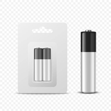Vektör 3d Gerçekçi İki Alkali Siyah ve Beyaz Batarya Kağıt Kabarcık ve Batarya Kapatma Seti izole edildi. AA Boyutu, Dikey Konum. Markalaşma ve Model Şablonu.