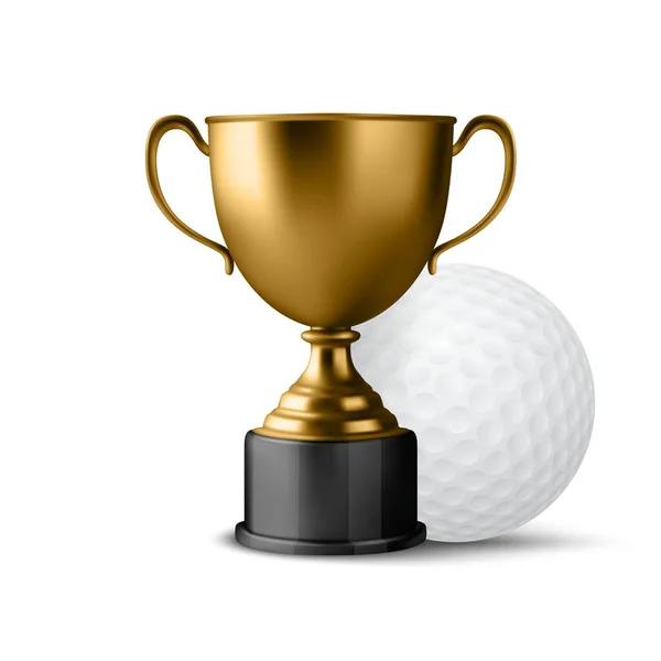 Realistic Vector Golden Champion Cup Icon Golf Ball Set Isolated — Stock Vector