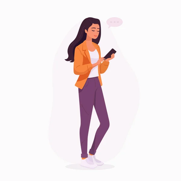 Chica Joven Mujer Está Buscando Teléfono Inteligente Chat Chica Feliz — Vector de stock