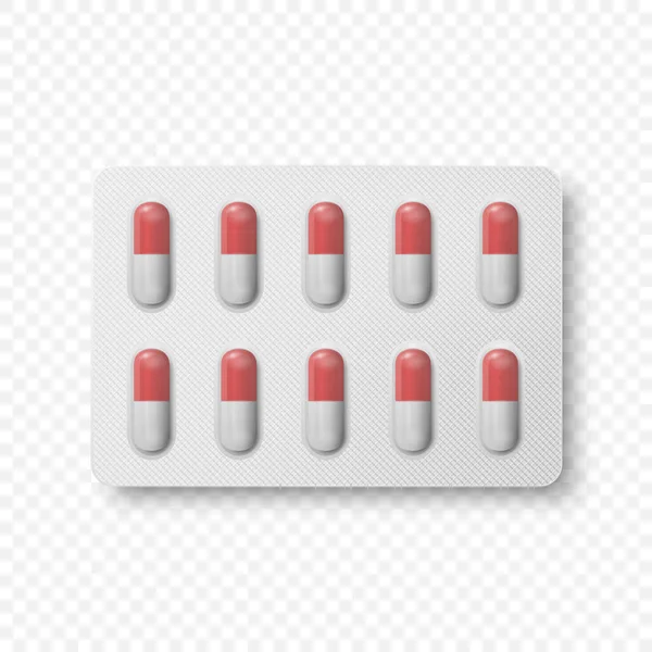Вектор Реалістичні Фармацевтичні Медичні Білі Червоні Таблетки Вітаміни Капсули Блистер — стоковий вектор