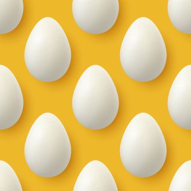 Sarı Arkaplan 'da izole edilmiş 3 boyutlu Gerçekçi Beyaz Tavuk Yumurtası Kapalı Vektör Örnekleri. Vektör tam tavuk yumurtası. Öndeki Yumurta, Üst Görünüm.