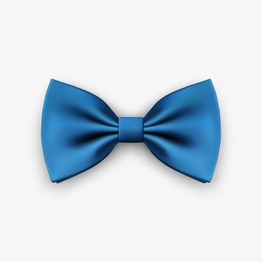 Vektör 3d Gerçekçi Mavi Fiyonk Kravat Simgesi Kapanışı Beyaz Arkaplanda izole edildi. İpek parlak papyon, kravat beyefendi. Model, Tasarım Şablonu. Erkek için papyon. Erkekler Moda, Babalar Günü Tatili.