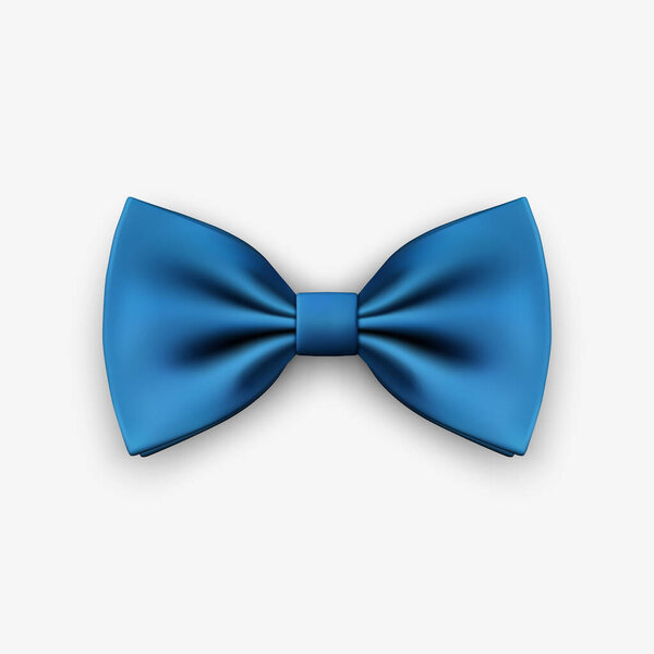 Vector 3d Realistic Blue Bow Tie Icon Closeup Isolated on White Background. Silk Glossy Bowtie, Tie Gentleman. Mockup, Design Template. Bow tie for Man. Mens Fashion, Fathers Day Holiday.