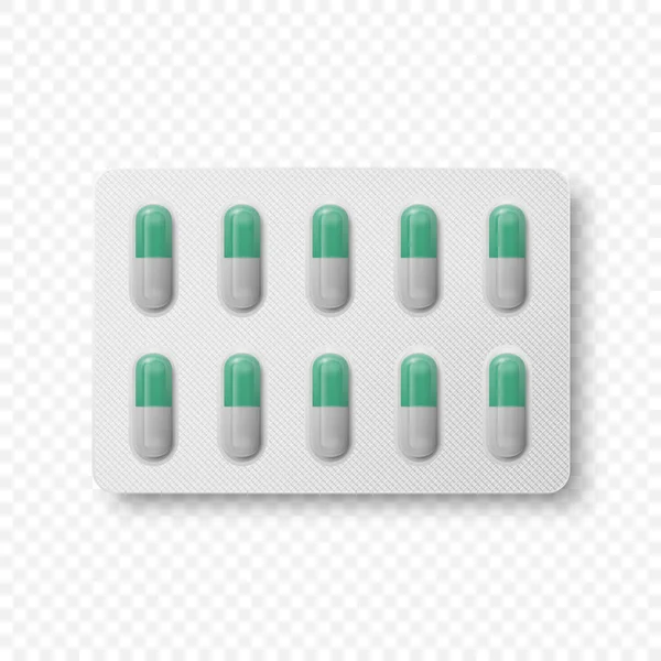 ベクトル現実的な医薬品医療白と緑の薬 ビタミン ブリスター閉鎖隔離カプセル ブリスター パッケージング デザイン テンプレートの中の薬 フロント トップビュー 健康の概念 — ストックベクタ