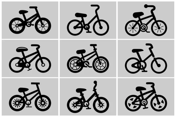 ベクトルブラック自転車アイコンセット シンプルなミニマリズムベクトルバイクアイコンコレクション サイクリングサイン 自転車形状分離 ウェブ ソーシャルメディア アプリのためのトレンディなフラットバイクデザイン要素 サイドビュー — ストックベクタ