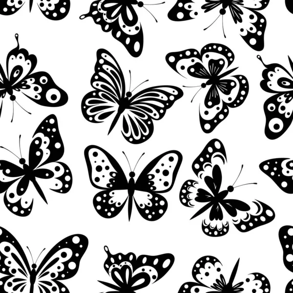 Vektorový Bezešvý Vzor Motýlem Různí Černí Motýli Bílém Pozadí Prvek — Stockový vektor