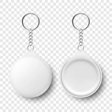 Vektör 3d Gerçekçi Boş Beyaz Yuvarlak Anahtarlık Yüzük ve Zincirli Anahtar Beyazda İzole Edildi. Yüzüklü Rozet. Plastik, Zincirli Metal Kimlik Kartı Anahtar Tutucu, Tasarım Şablonu, Model.