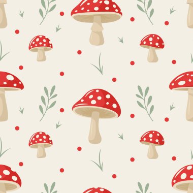 Beyaz Arkaplanda Elle Çizilmiş Düz Mantarlı Kusursuz Şekil. Amanita Muscaria, Fly Agaric Illustration, Mantar Koleksiyonu. Sihirli Mantar Sembolü, Tasarım Şablonu.