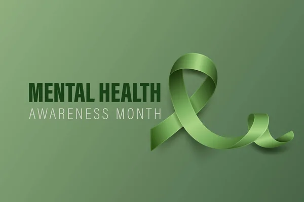 Mental Health Awareness Month Banner, Card, Placard with Vector 3d Realistic Green Ribbon on Green Background. Mental Health Awareness Month - May - Symbol Closeup. World Mental Health Day Concept.