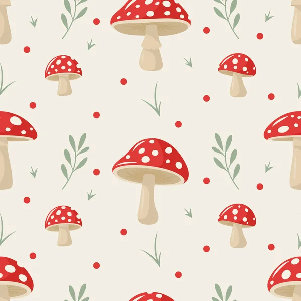 Vector Seamless Pattern Hand Drawn Cartoon Flat Mushrooms White Background — Stock Vector