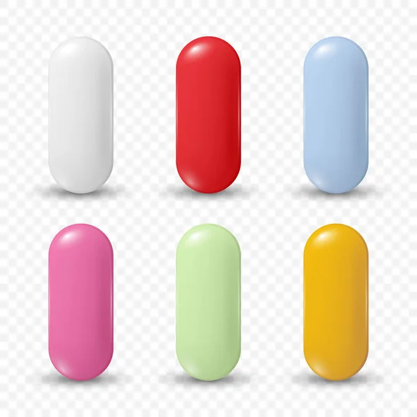 Vector Réaliste Ovale Pilules Médicales Pharmaceutiques Comprimés Vitamines Capsule Set — Image vectorielle