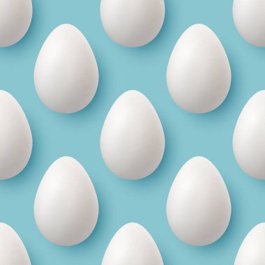 Mavi Arkaplanda izole edilmiş 3 boyutlu Gerçekçi Beyaz Tavuk Yumurtası Kapalı Vektörsüz Desen. Vektör tam tavuk yumurtası. Öndeki Yumurta, Üst Görünüm.
