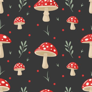 Elle çizilmiş Düz Mantarlı Kusursuz Şekil Kara Arkaplanda. Amanita Muscaria, Fly Agaric Illustration, Mantar Koleksiyonu. Sihirli Mantar Sembolü, Tasarım Şablonu.