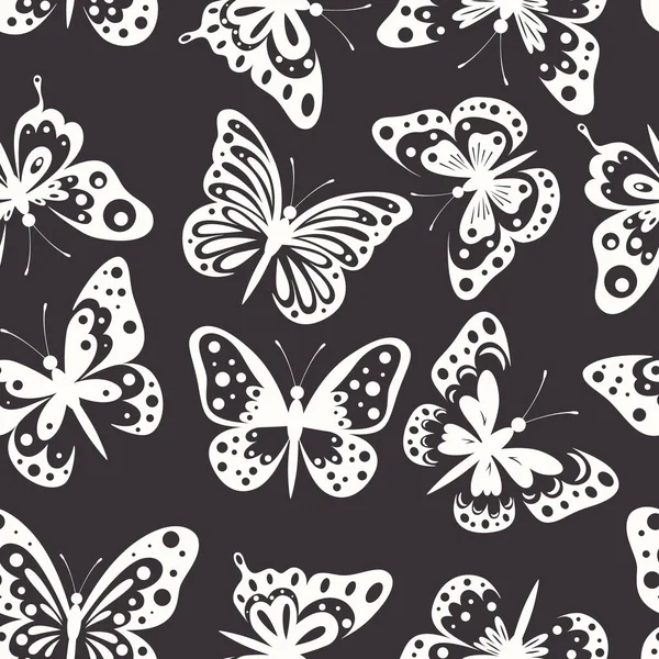 Vektorový Bezešvý Vzor Motýlem Různí Bílí Motýli Černém Pozadí Prvek — Stockový vektor
