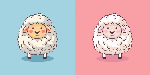青とピンクの背景にベクトル面白いかわいい羊 漫画の羊の印刷 女の子 男の子のためのデザイン 立ちベクトル小さな赤ちゃん羊でカワイイスタイル — ストックベクタ