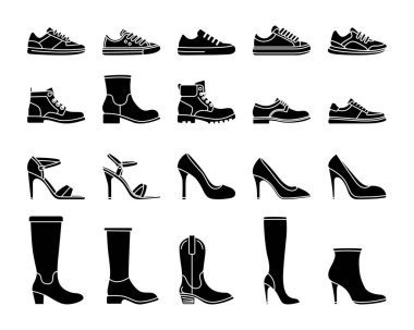 Flta Vector Silhouette Male and Female Shoes Icon Set Isolated. Sneakers, Shoes, Boots Footwear Icons. clipart