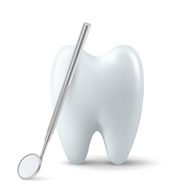 Beyaz Arkaplan 'da Dişleri İkon Kapalı Vektör 3d Gerçekçi Diş Teftişi Aynası izole edildi. Tıbbi Dişçi Aracı. Tasarım Şablonu, Clipart. Diş Sağlığı Konsepti.