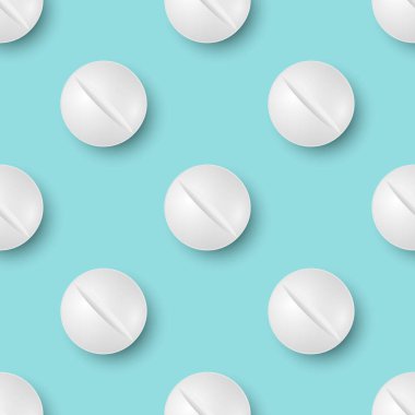 3d Gerçekçi Beyaz Round Eczacılık Hapları, Kapsül, Mavi Arkaplan 'da Tablet Kapanışı olan Kusursuz Şablon. Ön Manzara. Tıp, Sağlık Konsepti.