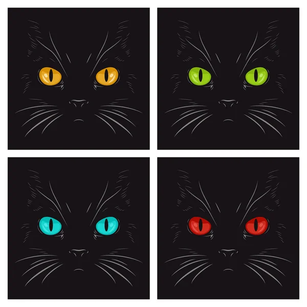 在黑暗中 在夜晚 一只黑猫的向量平坦的黄 红猫的眼睛 猫脸与是的 胡须在黑色 猫的衣服在黑暗中看 — 图库矢量图片
