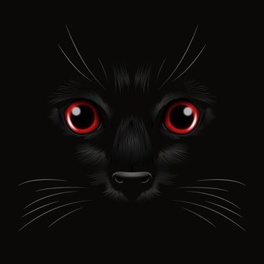 Vektör 3d Karanlıktaki Kara Kedi 'nin Gerçekçi Kırmızı Kedileri Gözü, Gece. Evet Burunlu Kedi Yüzlü, Siyah Bıyıklı. Cat Closeup Karanlıkta Bak. Ön Görünüm.