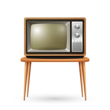 Vektör 3d Gerçekçi Retro TV Alıcısı Beyaz Arkaplanda izole edildi. Ev Tasarımı Konsepti. Klasik TV Seti, Televizyon, Ön Görünüm.