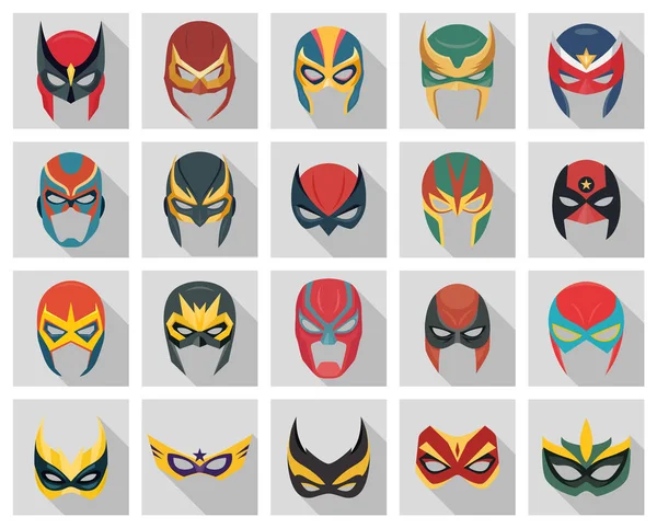 Vector Super Hero Masks Set Flat Style Long Shadow Face — Stock Vector