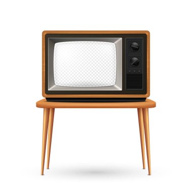 Vektör 3d Gerçekçi Retro TV Alıcısı Beyaz Arkaplanda izole edildi. Ev Tasarımı Konsepti. Klasik TV Seti, Televizyon, Ön Görünüm.